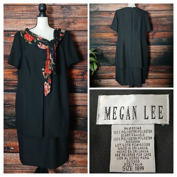 Megan Lee Vintage 90s Midi Dress Plus Size 18W Black Layered Built in Scarf - Picture 1 of 8